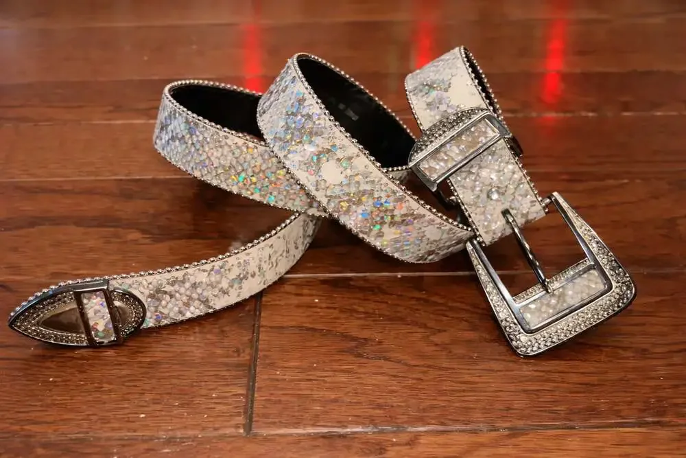 Y2K Glitter Western Belt‎ Silver Sparkle Studded Cowgirl USA L